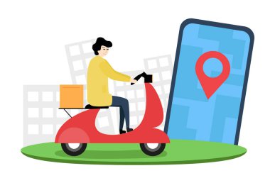 Paket teslimat illüstrasyonu. Motosikletli kurye paketi teslim eder. Bir adam akıllı telefondan bakar ve motosikletle teslim eder.