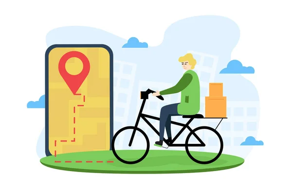 Pakketbezorging illustratie. De koerier op de fiets levert het pakket. Een man kijkt zijn weg op een smartphone en voert levering per fiets. — Stockvector