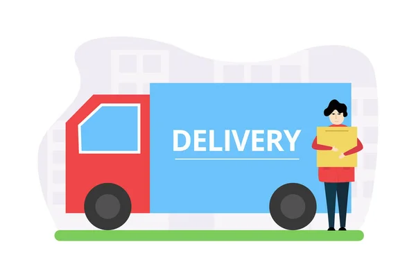 Lieferillustration. Paketzustellung. Bestellung. Ein Mann mit einem Karton in der Hand in der Nähe des Lastwagens mit der Aufschrift Delivery. — Stockvektor