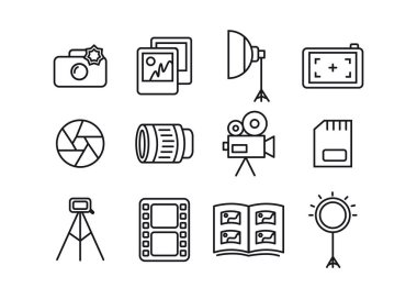 Fotoğraf simgesi seti. Fotoğraf ekipmanı simgeleri. Fotoğraf, woking, lens, kamera, hafıza kartı, fotoğraf albümü, tripod, deklanşör, kamera, softbox, film, yüzük lambası.