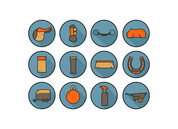 Paardenuitrusting iconen. Paardenverzorgingstools pictogrammen op een blauwe achtergrond. Zadel, hoefijzer, hengel, voetbescherming, schoonmaakmiddel, borstel, voeder, kruiwagen, paardenaanhanger — Stockvector