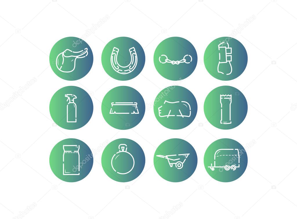 Horse equipment icons. Horse care tools icons set on a green background. Saddle, horseshoe, fishing rod, foot protection, cleaning agent, brush, feed, wheelbarrow, horse trailer