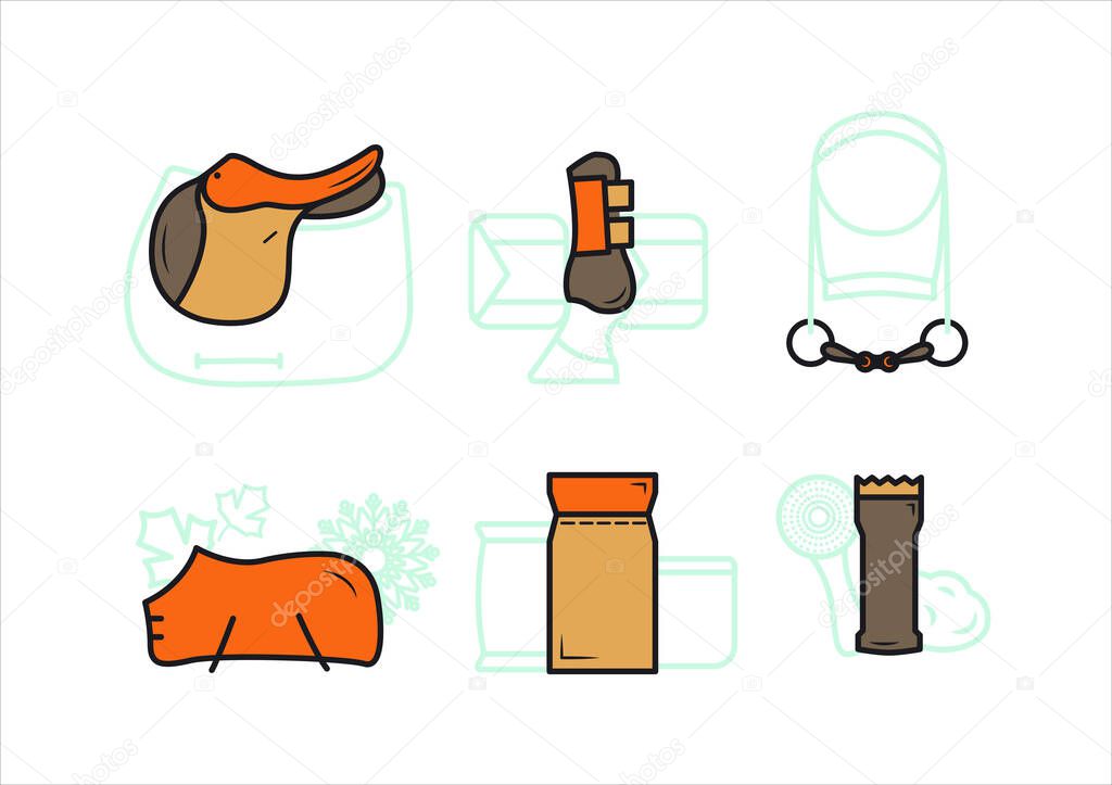 Horse equipment icons. Horse equipment icons. Set of colored icons icons for horse care. Saddle, nails, protection for legs, fishing rod, blanket feed, grooming machine