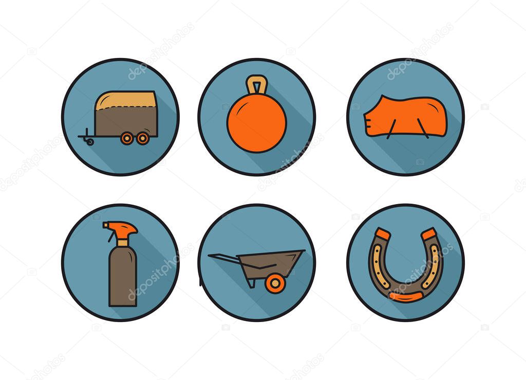 Horse equipment icons. Horse care tools icons set on blue background. Horse trailer, toy for horse, blanket, vengeance, wheelbarrow, horseshoe