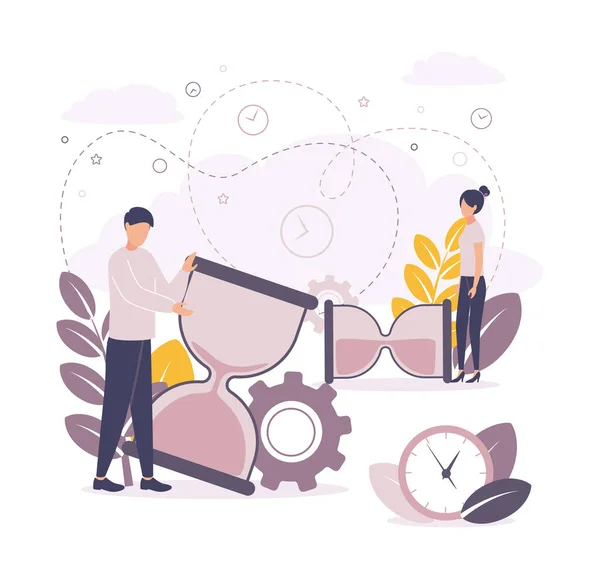 Illustration zum Zeitmanagement. Illustration eines Mannes mit einer großen Sanduhr, einer Frau, die neben einer liegenden Sanduhr steht, Zahnräder daneben, eine Uhr mit Zifferblatt, Äste mit Blättern, gestrichelte Linien. — Stockvektor