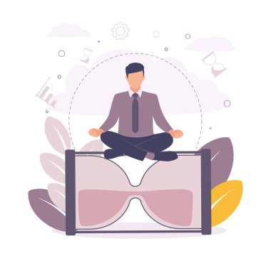 Zaman yönetimi illüstrasyonu. Yalancı bir kum saati üzerinde meditasyon yapan bir adamın canlandırması..