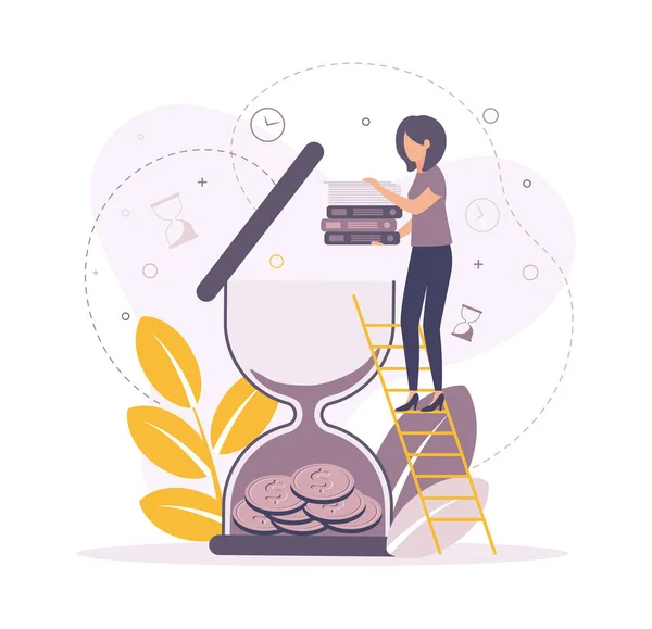 Tidsplanering illustration. Illustration av en kvinna som står på trappan, sätter dokument i timglaset där mynten ligger. — Stock vektor