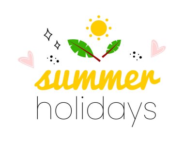 Palmiye yaprağı, güneş, yaz tatili yazıtları. Yaz tatili tebrik kartı. Palmiye yaprakları, güneş, kalp. Yaz tatilleri için güneş ve palmiye yapraklı tebrik kartı..