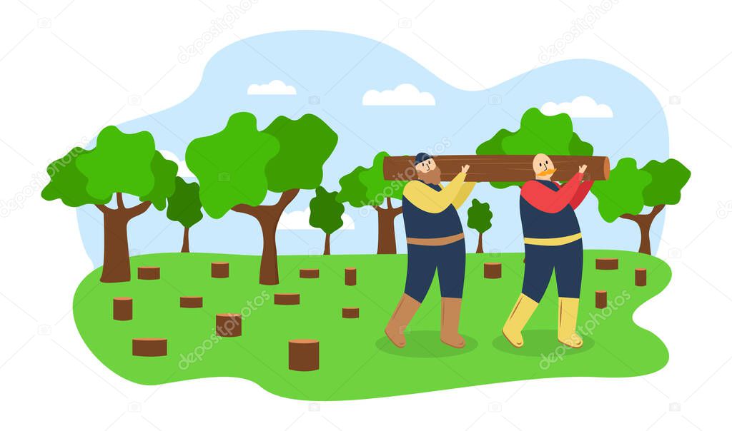 Ecology illustration. Illustration of felling trees. Two men carry a felled tree