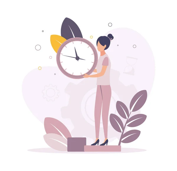 Tidsplanering. Illustration av en kvinna som håller en klocka i händerna med en urtavla, på bakgrunden en växel, timglas, blad, gren — Stock vektor