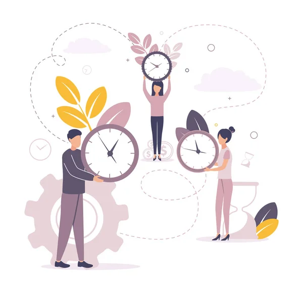 Time management. Illustration of people holding a clock with a dial, on the background of coins, gears, hourglasses, leaves. Image of a woman and a man holding a watch in their hands. — Stock Vector