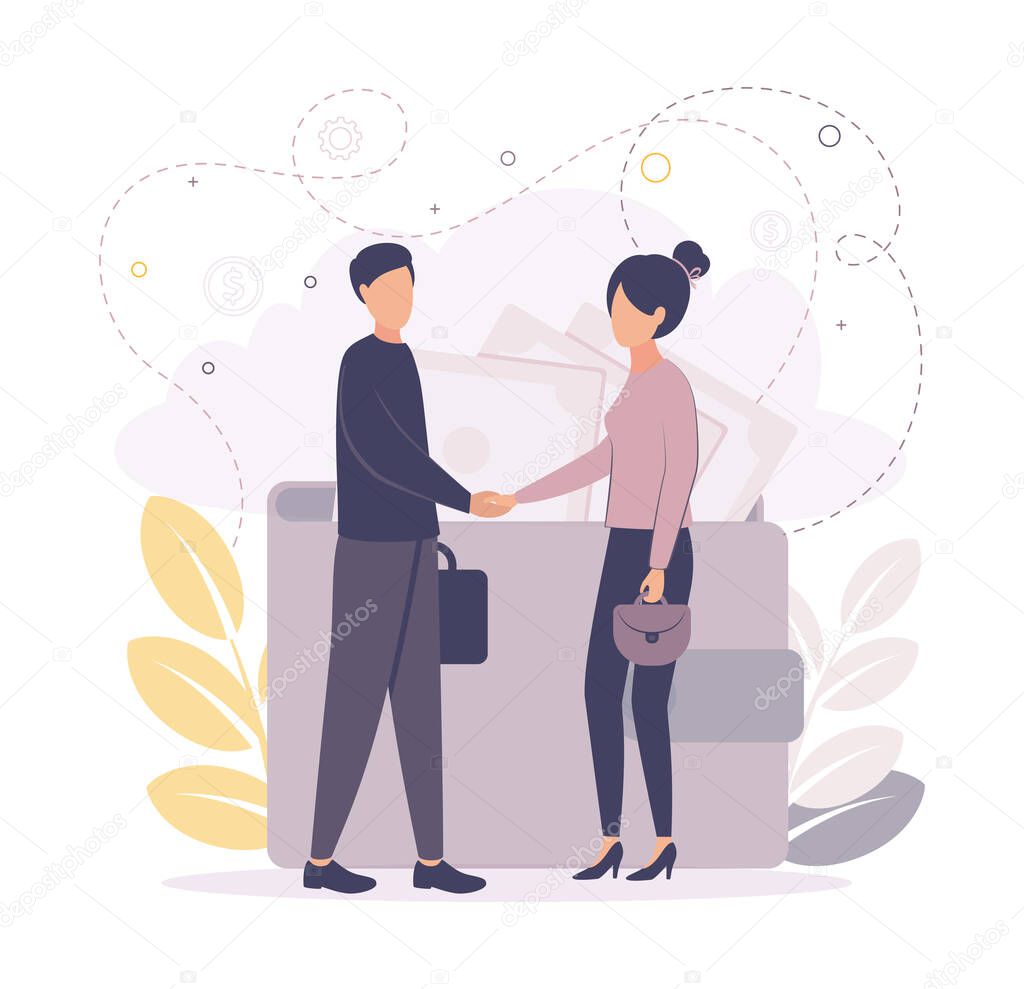 Time management. Make a deal. Illustration woman and man shake hands, on the background a wallet with banknotes, coins, gears, leaves, branches.