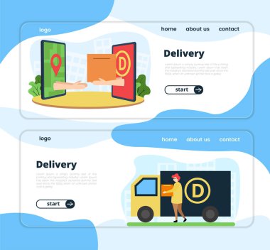 Dağıtım afişi çizimleri. Akıllı telefondan gelen ve teslimat simgesi olan bir elin akıllı telefondan bir ele konum ikonu, yazı ve metin içeren bir paket teslim edişi.