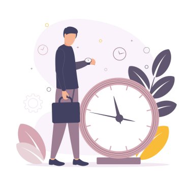 Zaman yönetimi. Elinde bir iş çantasıyla arka planda yaprakları olan büyük bir saatin yanında duran ve kol saatindeki saate bakan bir adamın resmi..