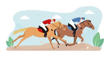 At polosu illüstrasyonu. Polo oyunu illüstrasyonu. Hokey sopası ve polo ile at binen binicilerin tasviri. Binicilik sporunun resmi. At üstündeki bir jokey topa sopayla vurur..