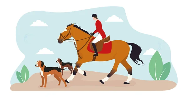 Ein Reiten. Illustration eines Jockeys auf einem Pferd, in der Nähe laufende Hunde, vor einem Hintergrund von Himmel und Blättern. Jagd auf Reiter mit Hunden — Stockvektor