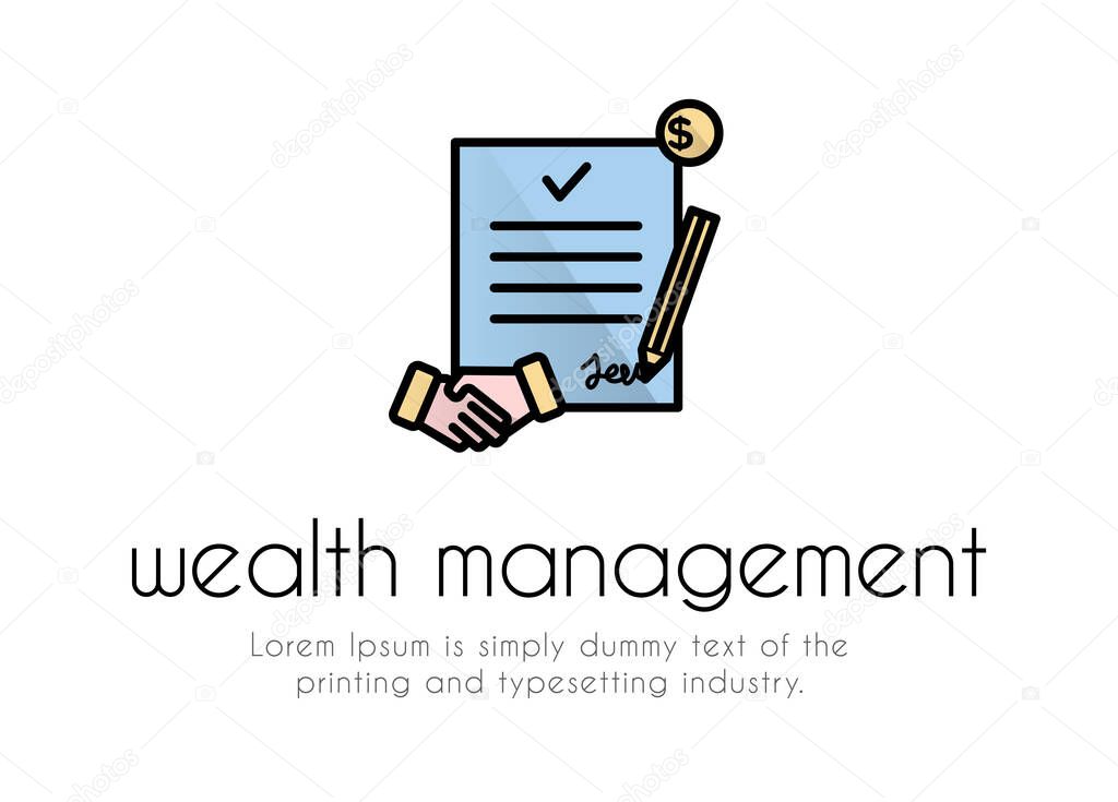 Finance. Wealth Management Logo. Financial services. The emblem is a document on which a pencil, a handshake, a coin, the inscription wealth management