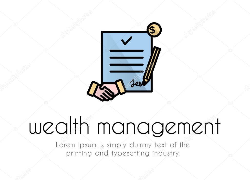 Finance. Wealth Management Logo. Financial services. The emblem is a document on which a pencil, a handshake, a coin, the inscription wealth management, text
