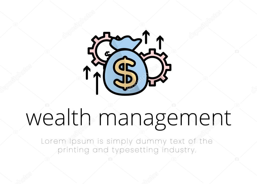 Finance. Wealth Management Logo. Financial services. Emblem money bag on the gears, next to which up, down arrows, the inscription wealth management, text