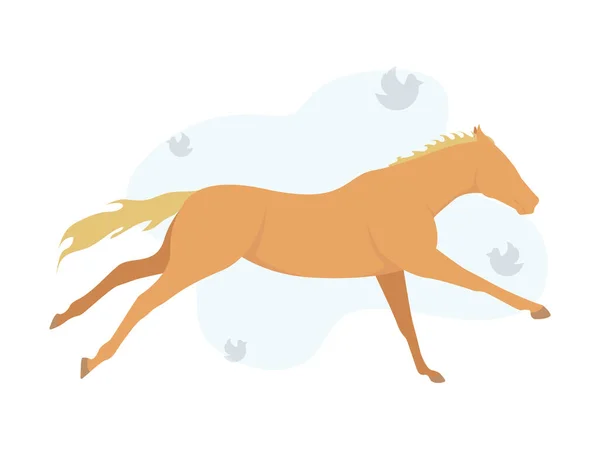 Illustration av en brun häst på en bakgrund av fåglar. Bild av en brun häst med fåglar på bakgrunden. — Stock vektor