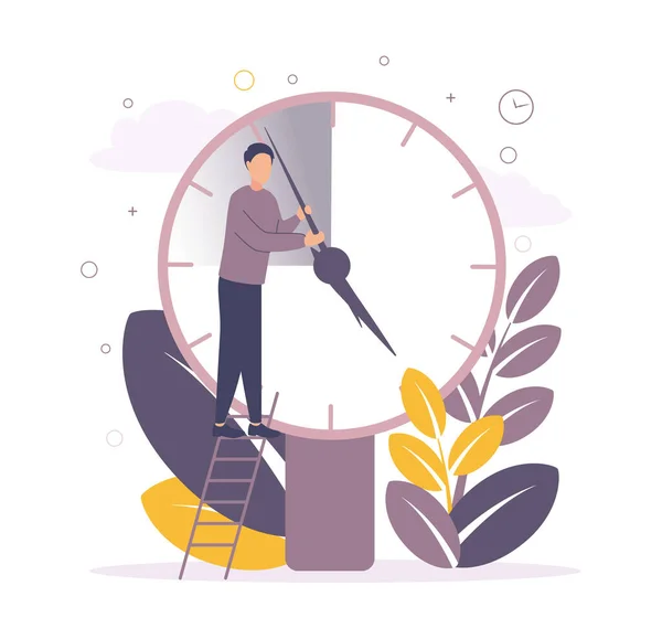 Gestão de tempo. Ilustração de um homem em pé nas escadas perto do grande relógio e move as setas, no fundo de folhas, círculos, relógios —  Vetores de Stock