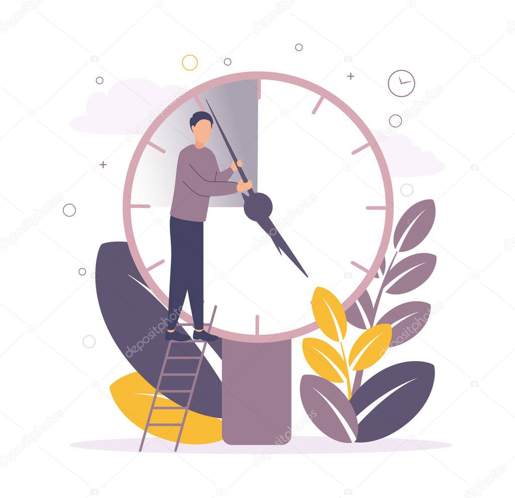 Time management. Illustration of a man standing on the stairs near the big clock and moves the arrows, on the background of leaves, circles, watches