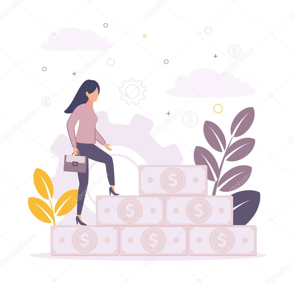 Time management. Illustration of a woman with a business briefcase in her hands rises on dollar bills, on the background of gears, leaves, branches, clouds