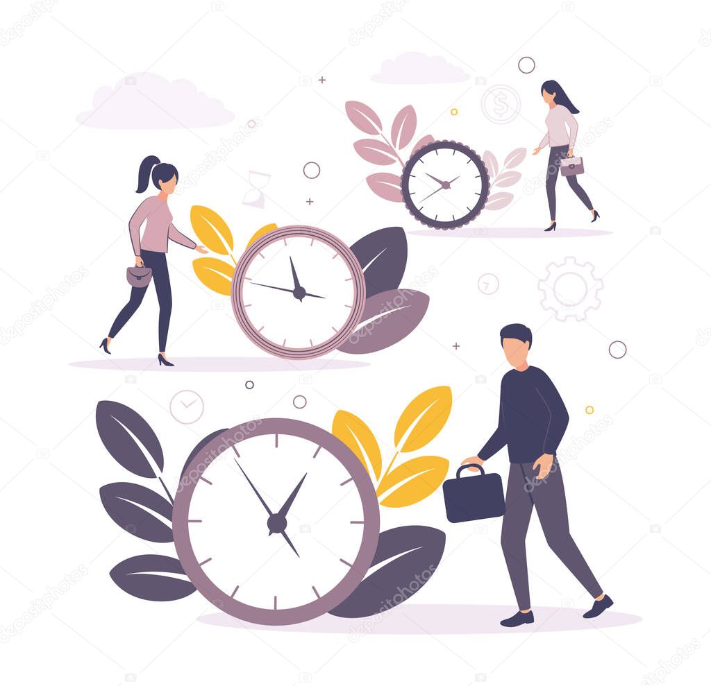 Time management. Illustration of a woman with bags in her hands and a man with a business briefcase running near the big clock with a dial and branches on the background.