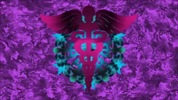 抽象的な背景にこの看板から回転パターンを持つ紫色のサインカデュセウス — ストック動画