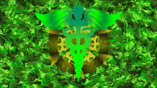 Zelený znak caduceus s otáčivým vzorkem z tohoto znaménka na abstraktním pozadí — Stock video