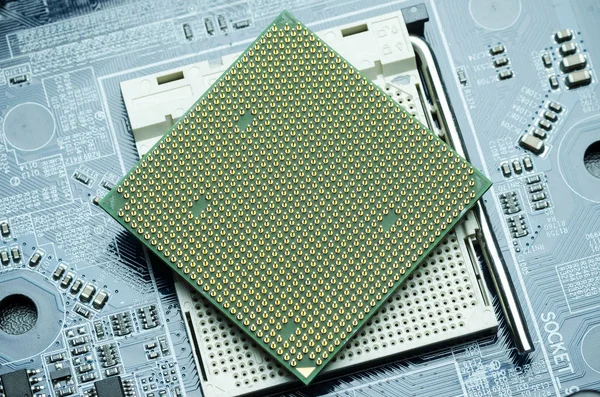 The reverse side of the computer processor on the PCB