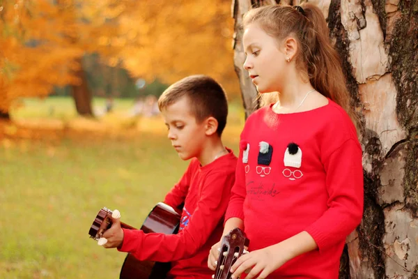 Guy with a girl in the park with a guitar