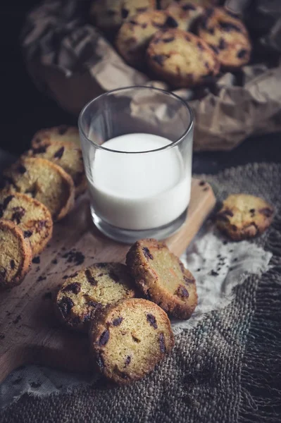 Mini bread with chocolate chips and glass of milk,selective focus