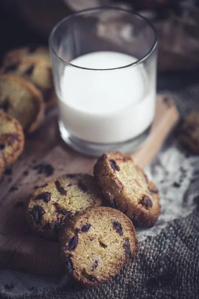 Mini bread with chocolate chips and glas of milk served