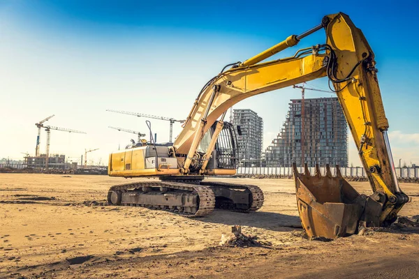 Excavator Construction Site Bulldings Background Selective Focus — Stock Photo, Image