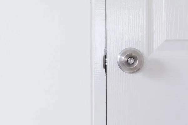 Stainless door knob,Handle on white wood door,Closeup door knob