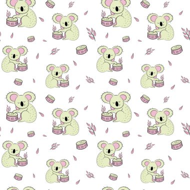 Sevimli ayı koala doodle seamless modeli. Vektör arka plan ile koalas-ebilmek var olmak kullanılmış Bebek Tekstil, tshirt, duvar kağıtları, posterler ve daha fazlası için.