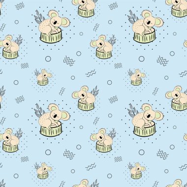 Sevimli ayı koala doodle seamless modeli. Vektör arka plan ile koalas-ebilmek var olmak kullanılmış Bebek Tekstil, tshirt, duvar kağıtları, posterler ve daha fazlası için.