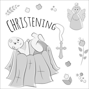 Vaftiz Kilisesi, çocuğunun vaftiz. Vektör set el ile çekilen izole öğe. Kullanılan kartpostallar, tebrik ederim, duvar kağıtları, parmak izi, arka planlar için.