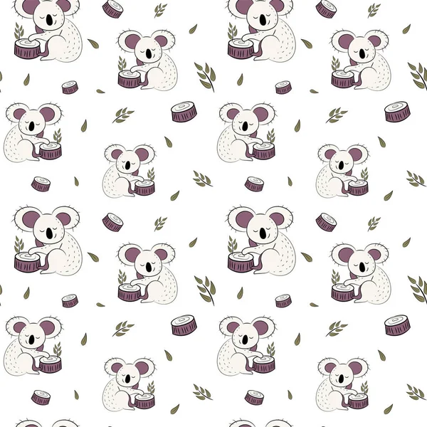 Niedlichen Bären Koala Doodle nahtlose Muster. Vektorhintergrund mit Koalas kann für Babytextilien, T-Shirts, Tapeten, Poster und mehr verwendet werden. — Stockvektor