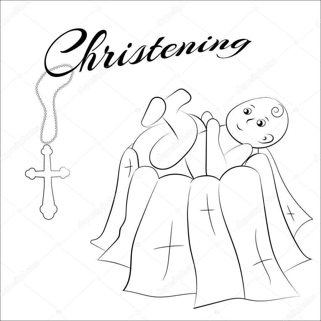 Baptism of the child in the church, christening. Vector set of isolated elements, drawn by hand. Used for postcards, congratulations, wallpapers, prints, backgrounds.