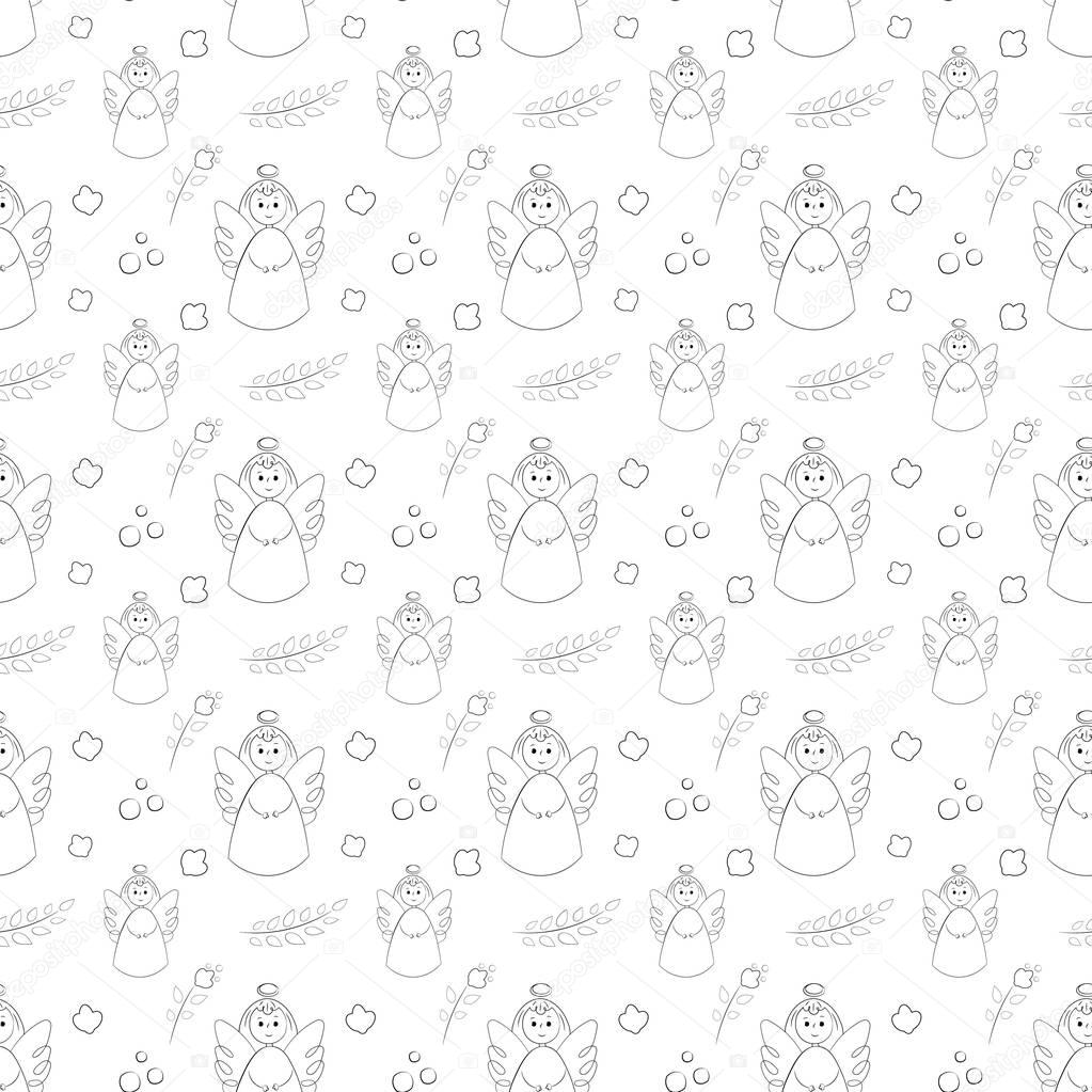 Vectron seamless pattern of elements drawn manually in the style of doodle. Christening, angel, religion, church. Used for wallpapers, backgrounds, wrapping paper