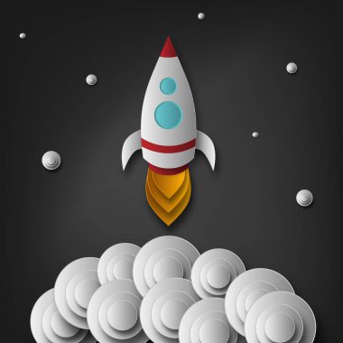 Vektör roket, uzay, gezegenler, yıldızlar, kağıt, 3d kes. Kullanılan posterler, afişler, kartpostallar, afiş, arka planlar için