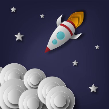 Vektör roket, uzay, gezegenler, yıldızlar, kağıt, 3d kes. Kullanılan posterler, afişler, kartpostallar, afiş, arka planlar için