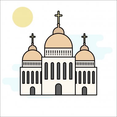 Beyaz arka plan üzerinde izole kilise simgesi. Vektör çizim din mimari tasarım için. Karikatür ile kilise Binası siluet çapraz, Şapel, bell. Katolik kutsal geleneksel sembolü