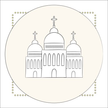 Vektör kilise, Tapınak, kubbe ve haçlar chapel. Hıristiyanlık, vaftiz bir dindir. Beyaz arka plan üzerinde izole nesne. Eller, el boyalı bir örnek çizin. Stil doodle