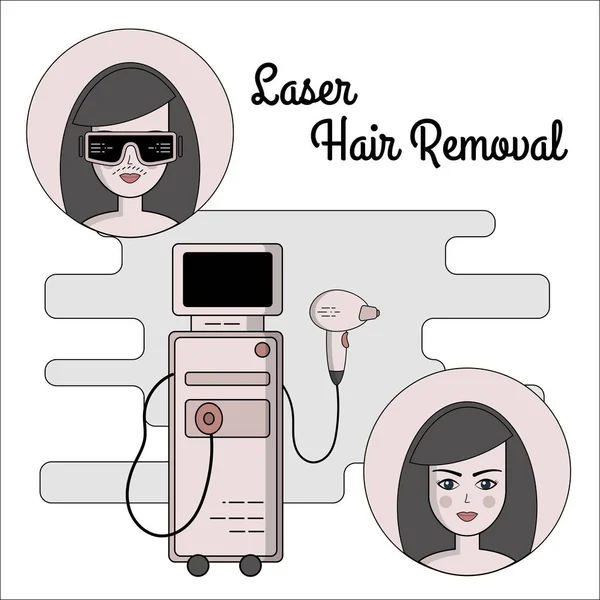 Vector flat illustration of the process of laser hair removal. Equipment and accessories for electro, photo and laser hair removal. Before and after — Stock Vector