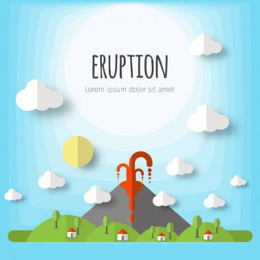 Vektör çizim bir volkanik patlama. Güzel dağ manzarası, gökyüzü, bulutlar, yıldız, köy evleri. Malzeme düz çizmek ile birim elemanları ve gölge