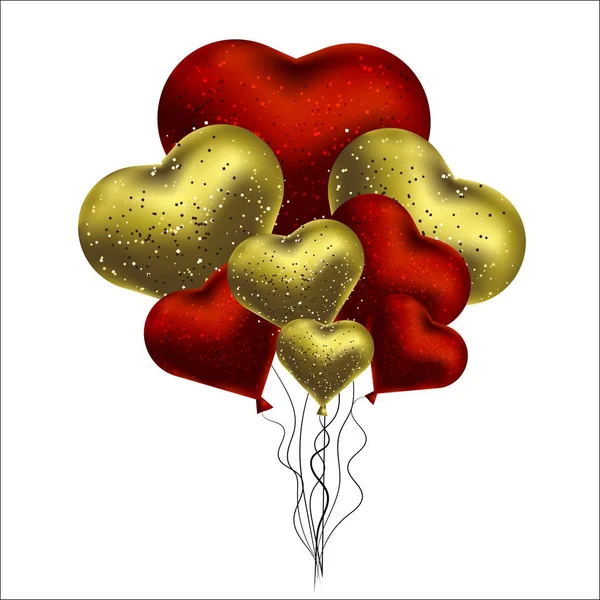 Ilustración vectorial con globos dorados y rojos en forma de corazón. Antecedentes para postales, carteles — Archivo Imágenes Vectoriales
