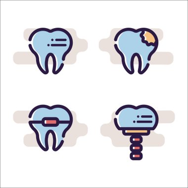 Vektör düz illüstrasyon karikatür tarzı beyaz arka plan üzerinde. Kaşlı ayraçlar, çürük ve implant diş simgeler